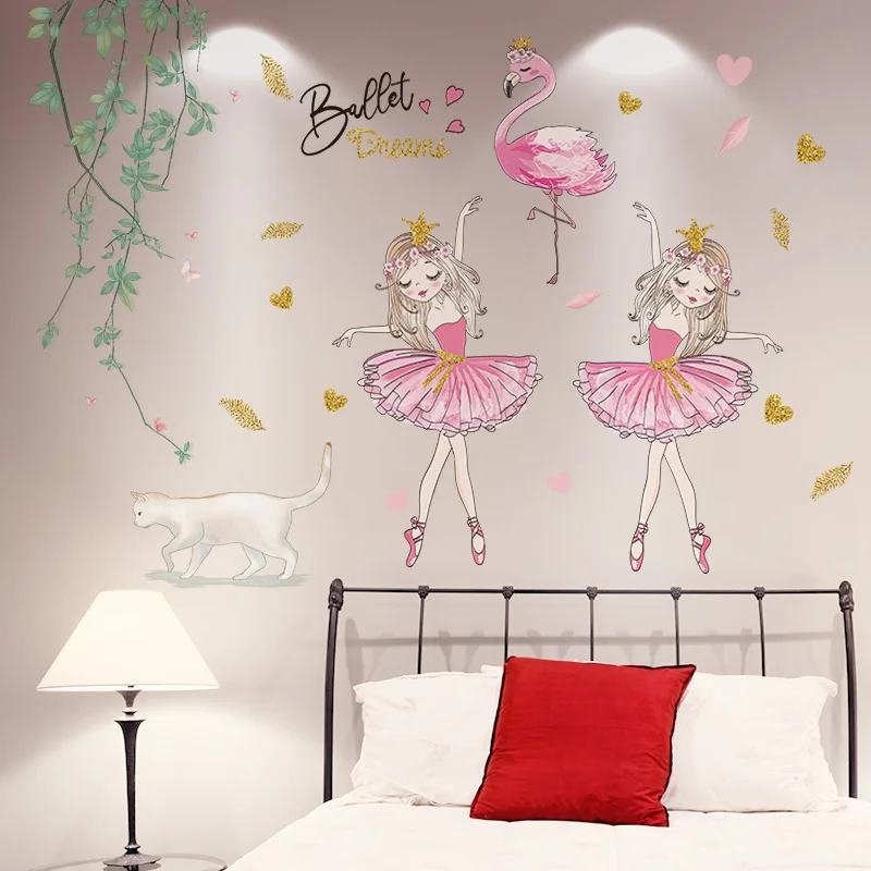 

[shijuekongjian] Green Leaves Cat Wall Stickers DIY Girl Flamingo Wall Decals for Kids Room Baby Bedroom Home Decoration