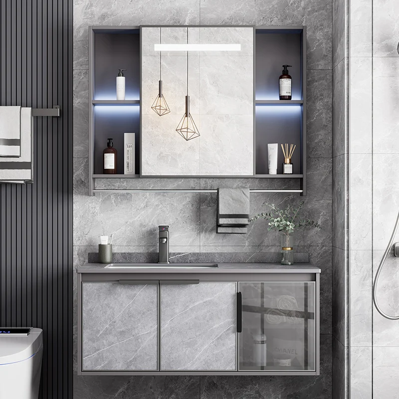 

Customizable Aluminum Gold Bathroom Cabinet Set Bathroom Washbasin Ceramic One-piece Sink Decoration Furniture