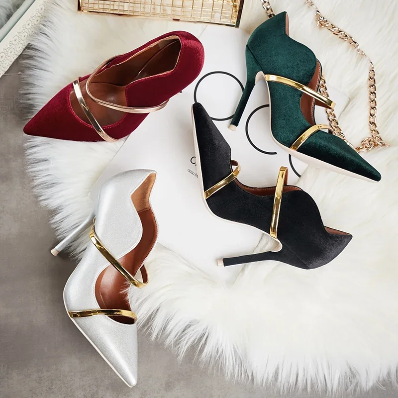 Модные женские бархатные туфли-лодочки с двойными блестящими ремешками