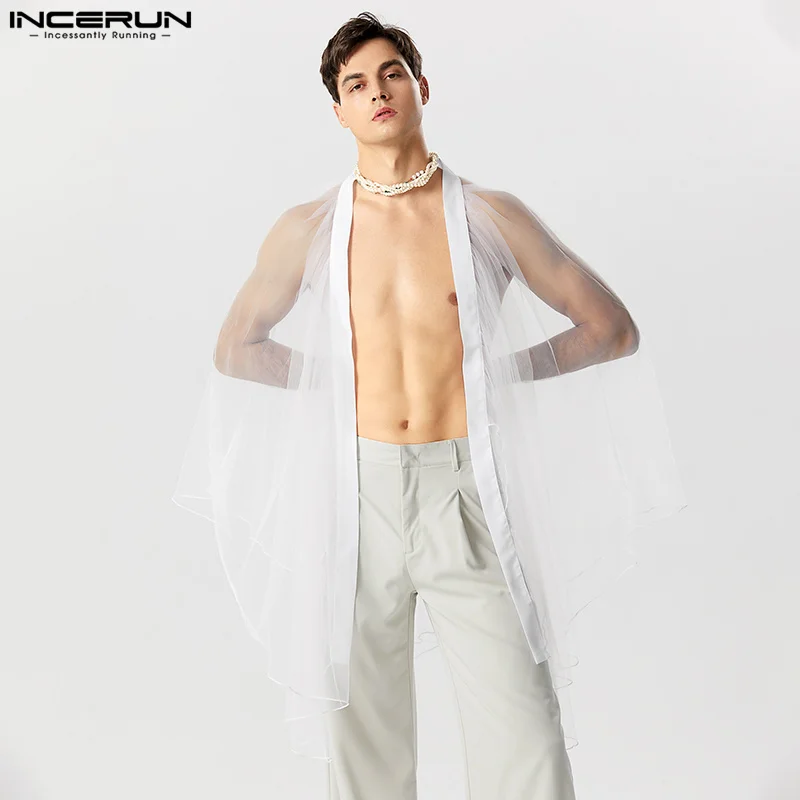 

INCERUN Men Irregular Shirt Mesh Transparent Cloak Open Stitch Loose Ponchos Streetwear 2023 Solid Fashion Male Cardigan S-5XL