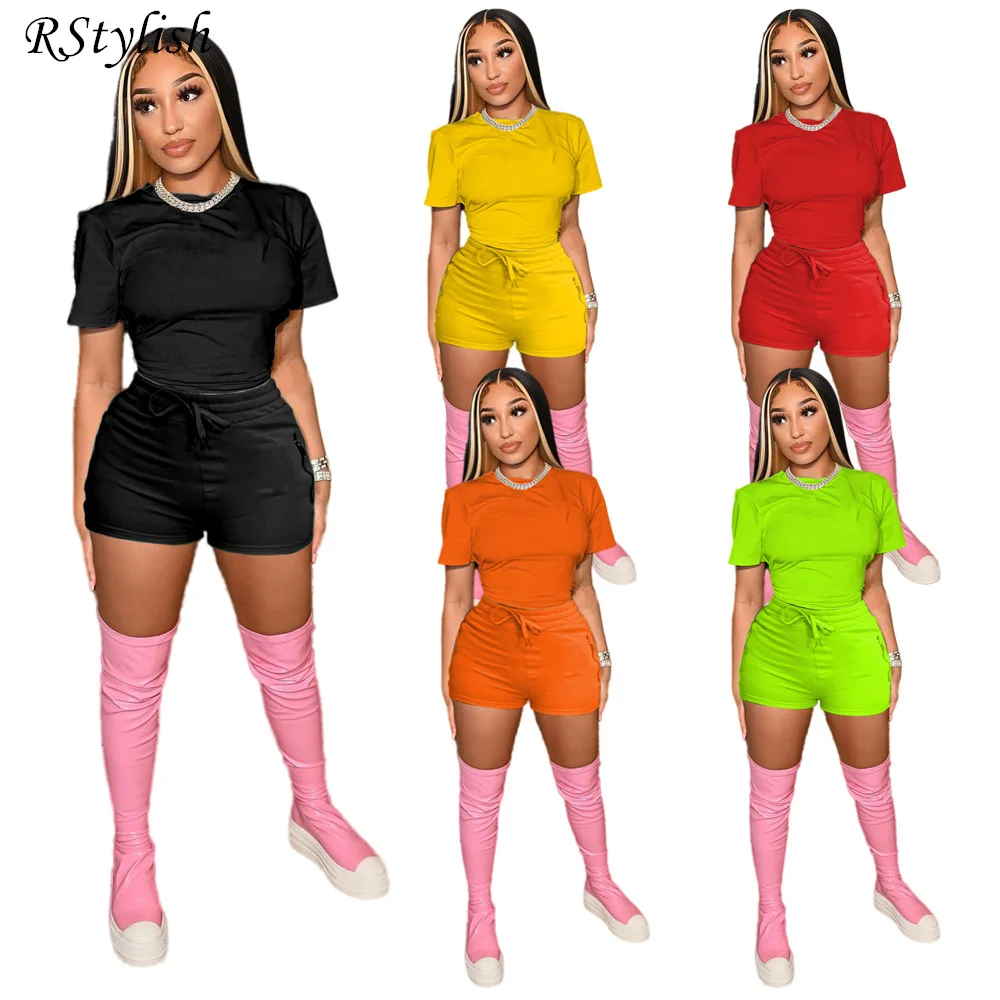 

RStylish Two Piece Set Women Solid Color Short Sleeve O-neck T Shirts And Biker Shorts Tracksuit Summer Casual Joggers Outfits