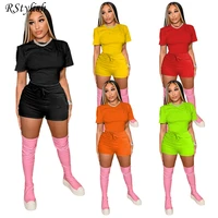 rstylish two piece set women solid color short sleeve o neck t shirts and biker shorts tracksuit summer casual joggers outfits