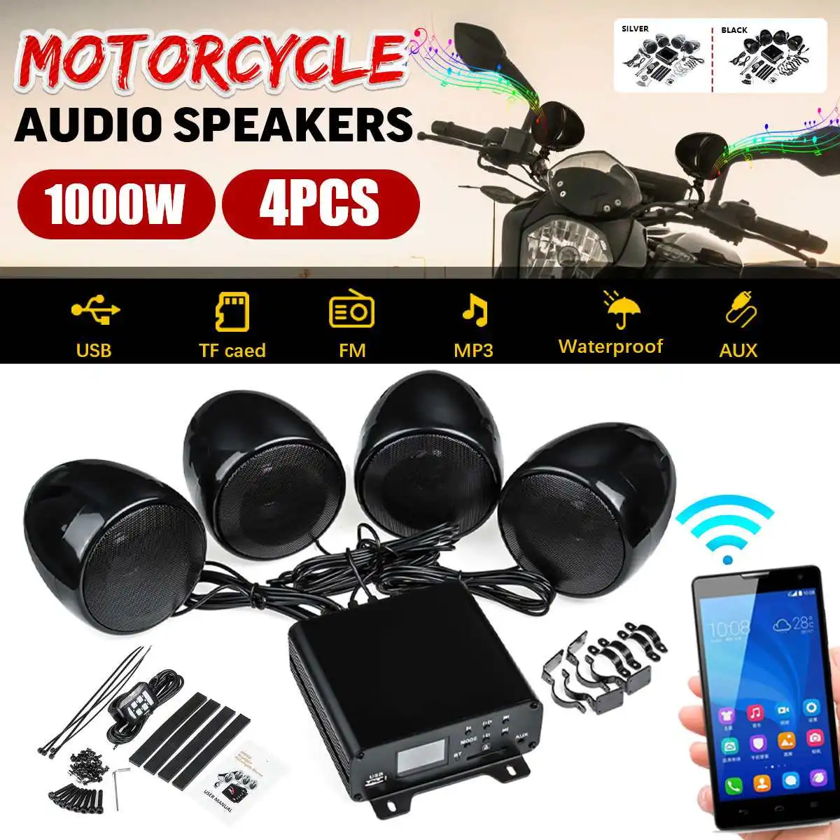 

1000W Motorcycle Audio bluetooth 4CH Speakers Waterproof Studio Audio Stereo System MP3 Music Player Scooter ATV UTV AUX