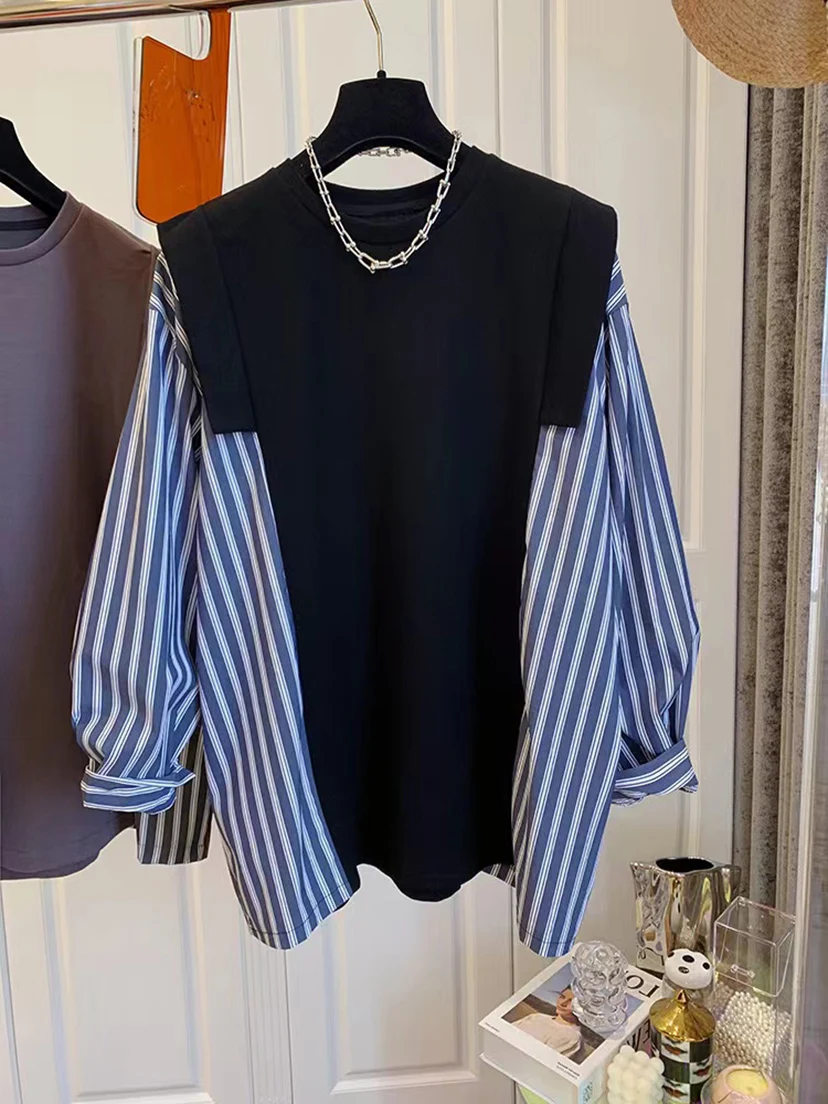 

SuperAen Spring 2022 New Fashion Design Patchwork Fake Two O Neck Striped Shirts Blouse Women
