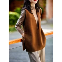 women autumn coat top side slit womens vest retro sleeveless tops korean fashion loose deep v neck designer high quality new