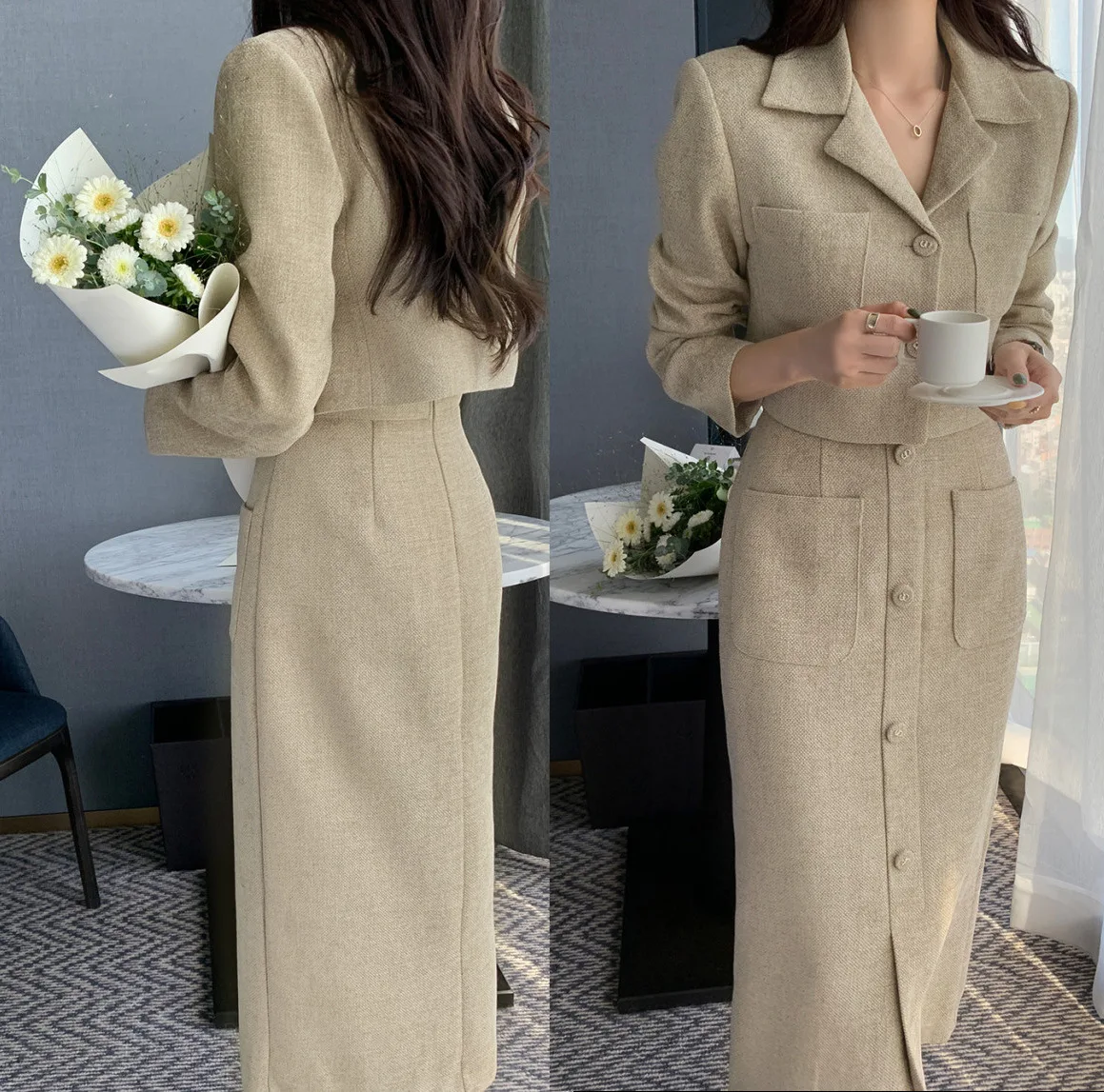 Elegant Black Khaki Tweed Two-Piece Skirts and Blazer Korean Long Sleeve Short Jacket Coat High Waist Long Midi Skirt Suits