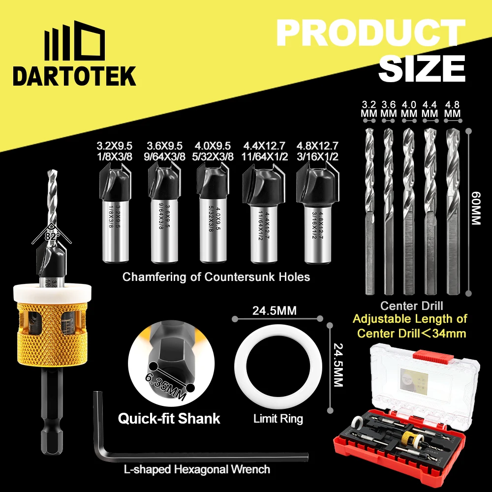 Набор сверл с зенковкой DARTOTEK, 1/5 шт., сменное сверло HSS M2 с ограничителем глубины трения 82 °   Отверстие счетчика для дерева