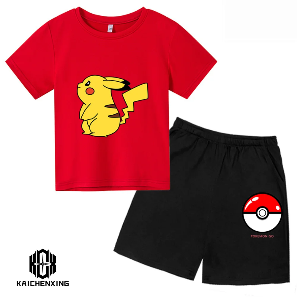 

2023 New Casual Pokemon Tshirt Set Kids Summer Baby Boy Clothes Girls Children Anime T- shirt Men Women Clothing