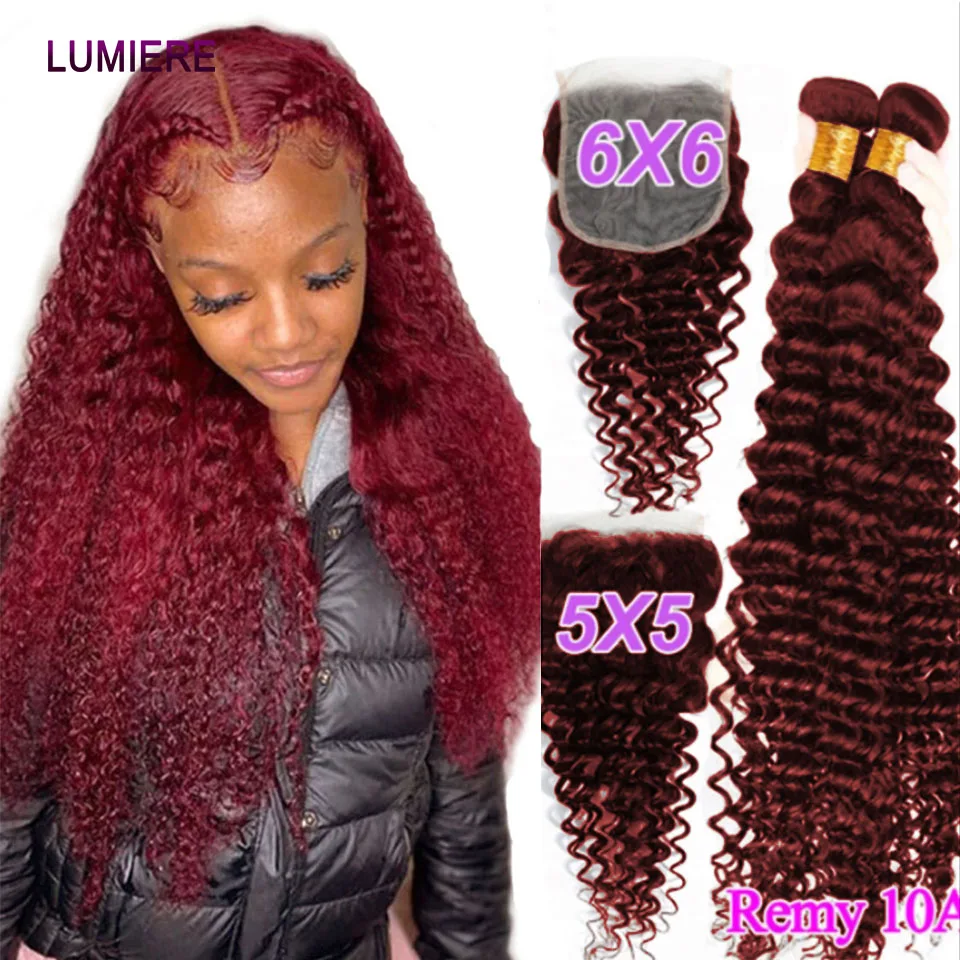 

99J Dark Burgundy Deep Wave Bundle with 5x5 Hd Lace Closure Frontal Ombre Brazilian Remy Hair Weave Bundle With Closure Frontal