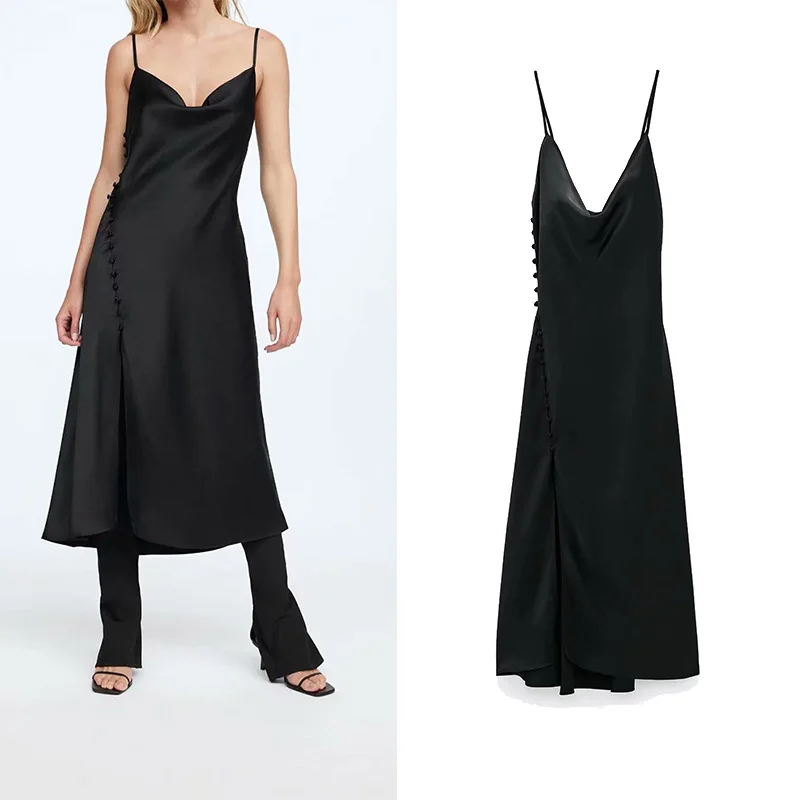 

2022 summer black dress skirt satin side button decoration drape V-neck thin suspenders slim little black dress