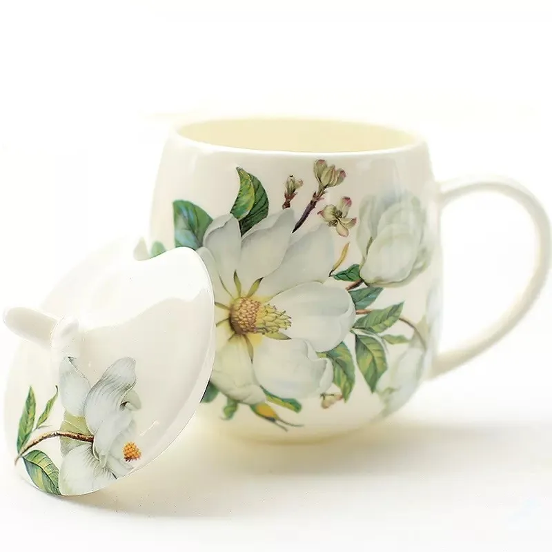 410ML, camellia painting, bone china personalized mugs, european cups mugs ceramic, pocelain coffee cup with lip and spoon, tea