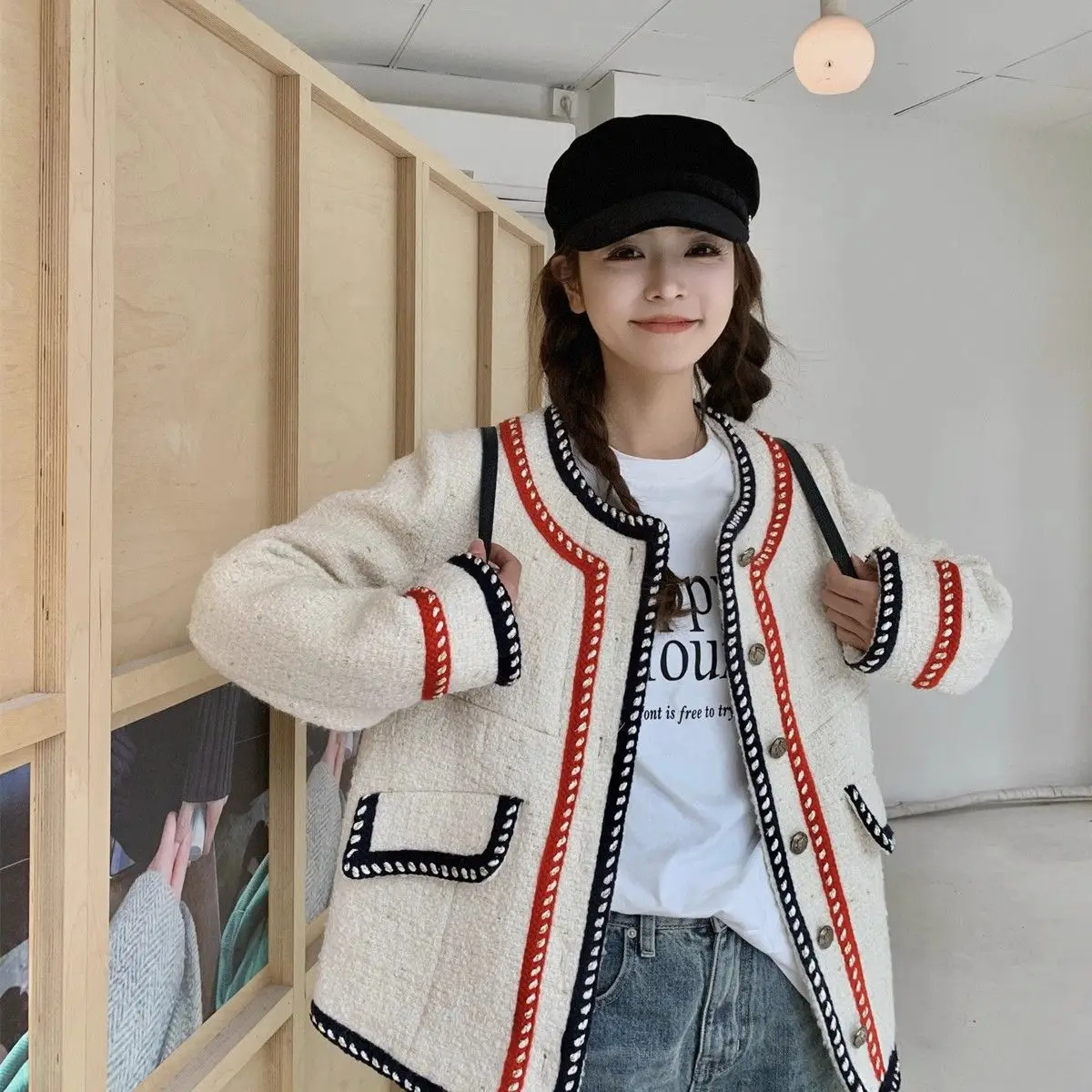 Gaganight Women Coarse Tweed Jacket 2024 Spring New Loose Temperament Retro Top Stylish Contrasting Colors Short Female