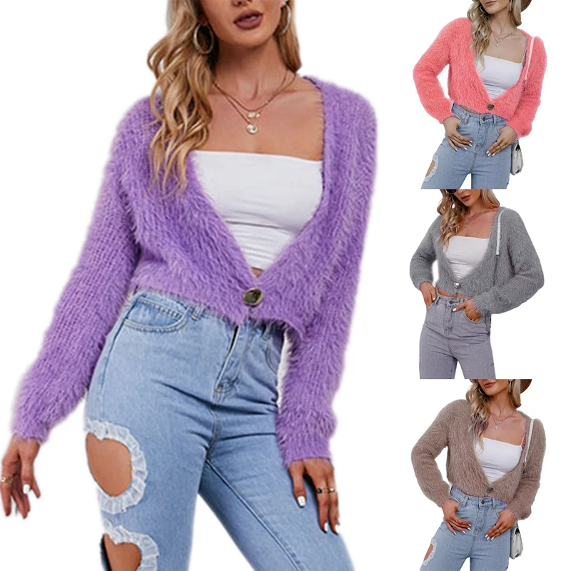 

Hot Kf-Mohair Cardigans Women Tops Fall Women's Loose Casual V Neck Short Cardigan Top Long Sleeve Plush Knit Sweater