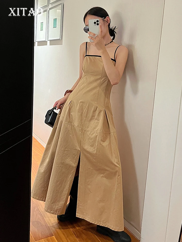 

XITAO однотонное Повседневное платье с разрезом для женщин, Корея, лето 2023, Новое поступление, индивидуальное модное свободное платье с вырезом лодочкой DMJ1331