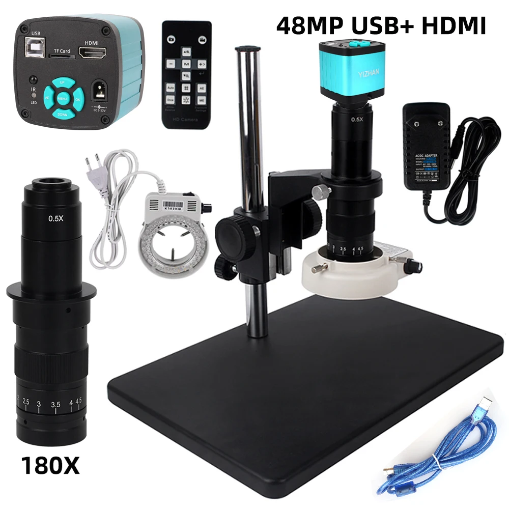 

48MP 38MP Electronic Digital Video Microscope 21MP 13MP USB HDMI-Compatible Camera 180X Lens& LED Circular Lamp For Soldering