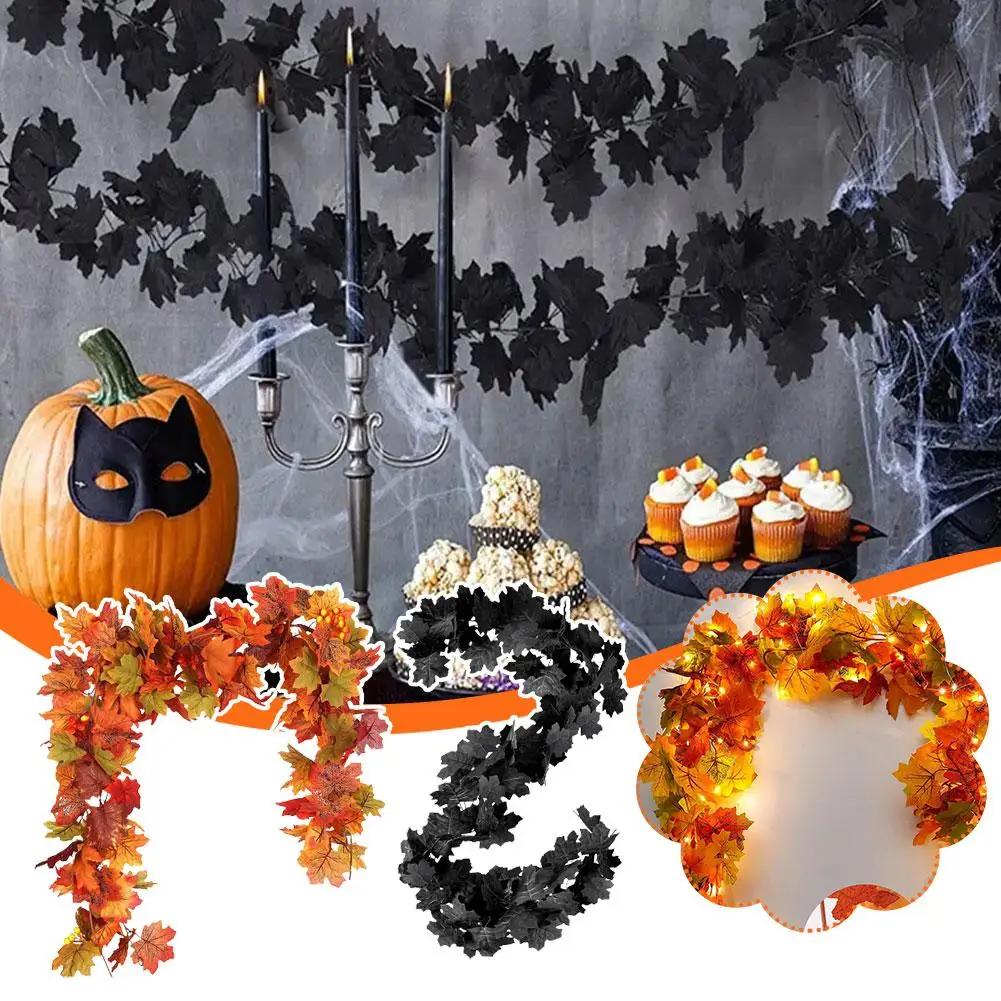 

Fall Maple Leaf Garland Hanging Black Fall Leaves Vine Artificial Autumn Garland Halloween Thanksgiving party Decor for Hom L2W4