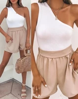2022 summer womens 2 piece sets outfits casual one shoulder sleeveless top high waist above knee pocket design shorts set new
