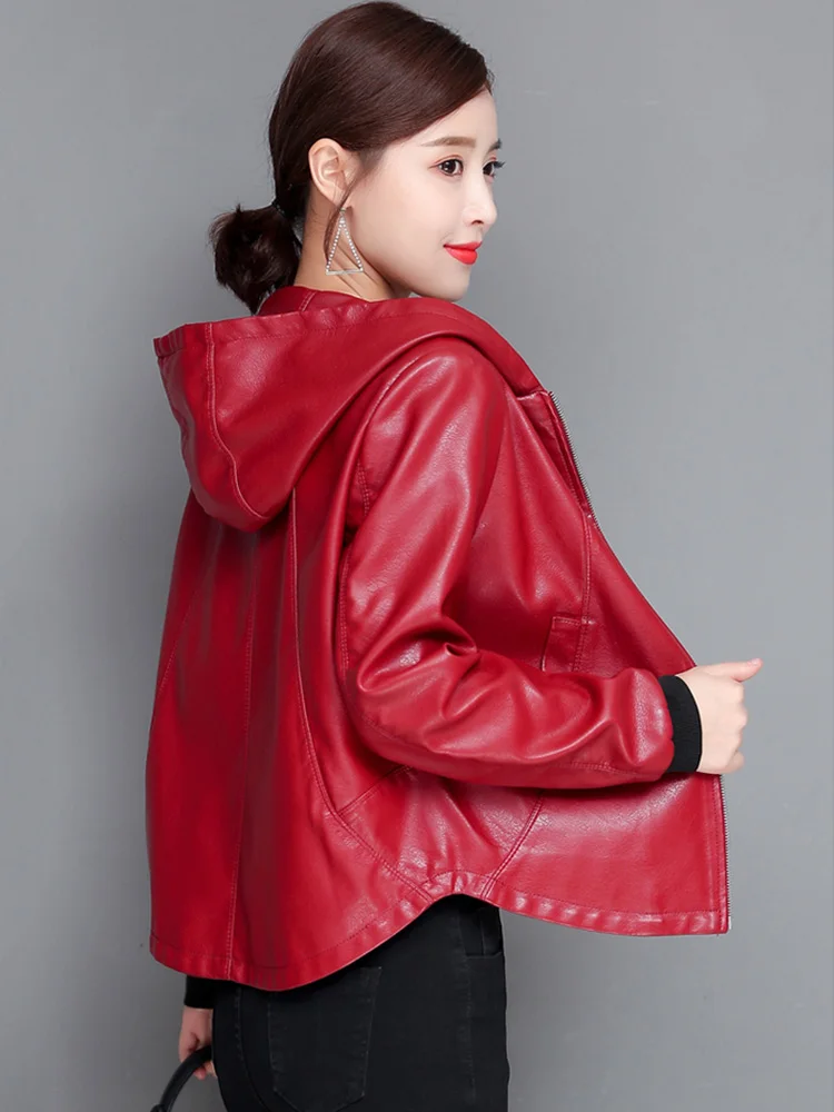 New Women Loose Leather Jacket Spring Autumn Fashion Casual Hooded Zipper Split Leather Outerwear Short Sheepskin Tops Coat