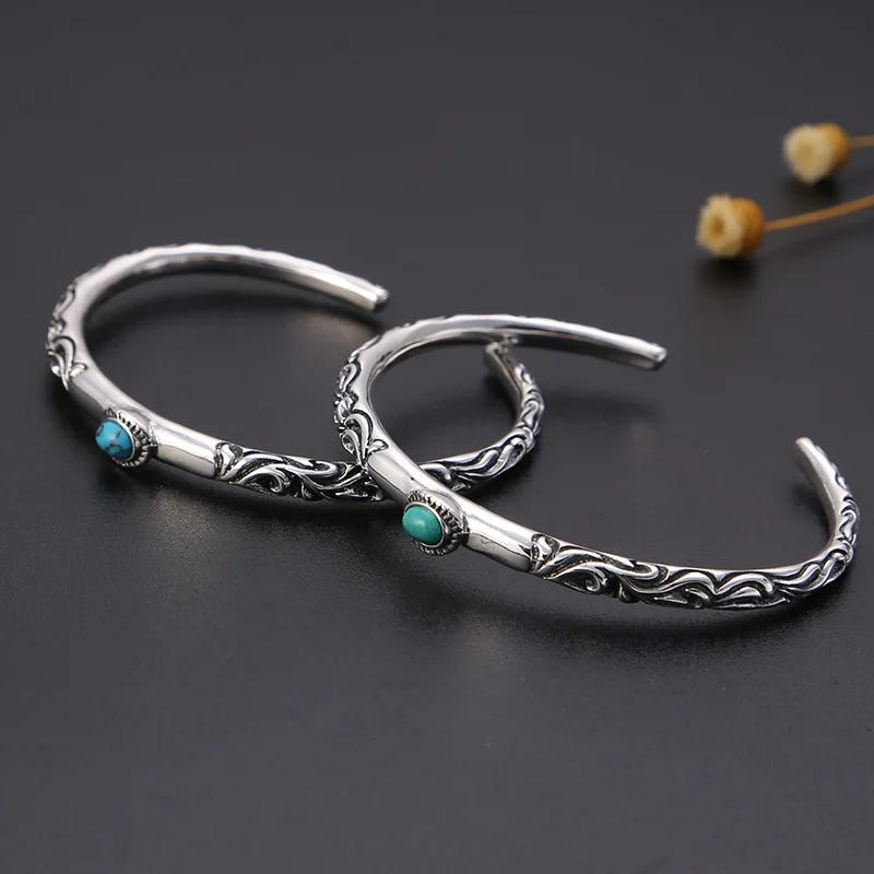 Серебро 925 инкрустированный синим бирюзовым открытым браслетом тайский