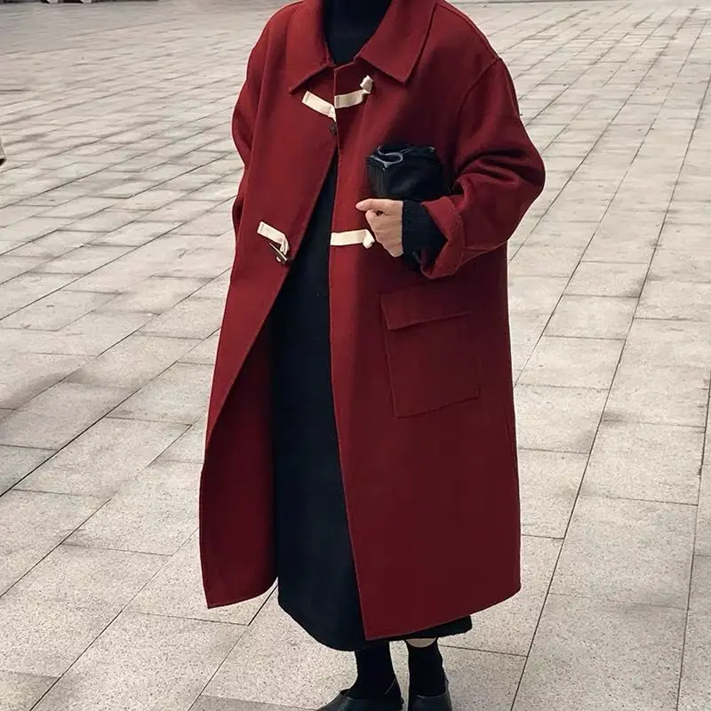 

Женское двухстороннее шерстяное пальто, свободная однотонная куртка из смешанной шерсти, модель F375 на осень и зиму, 2022