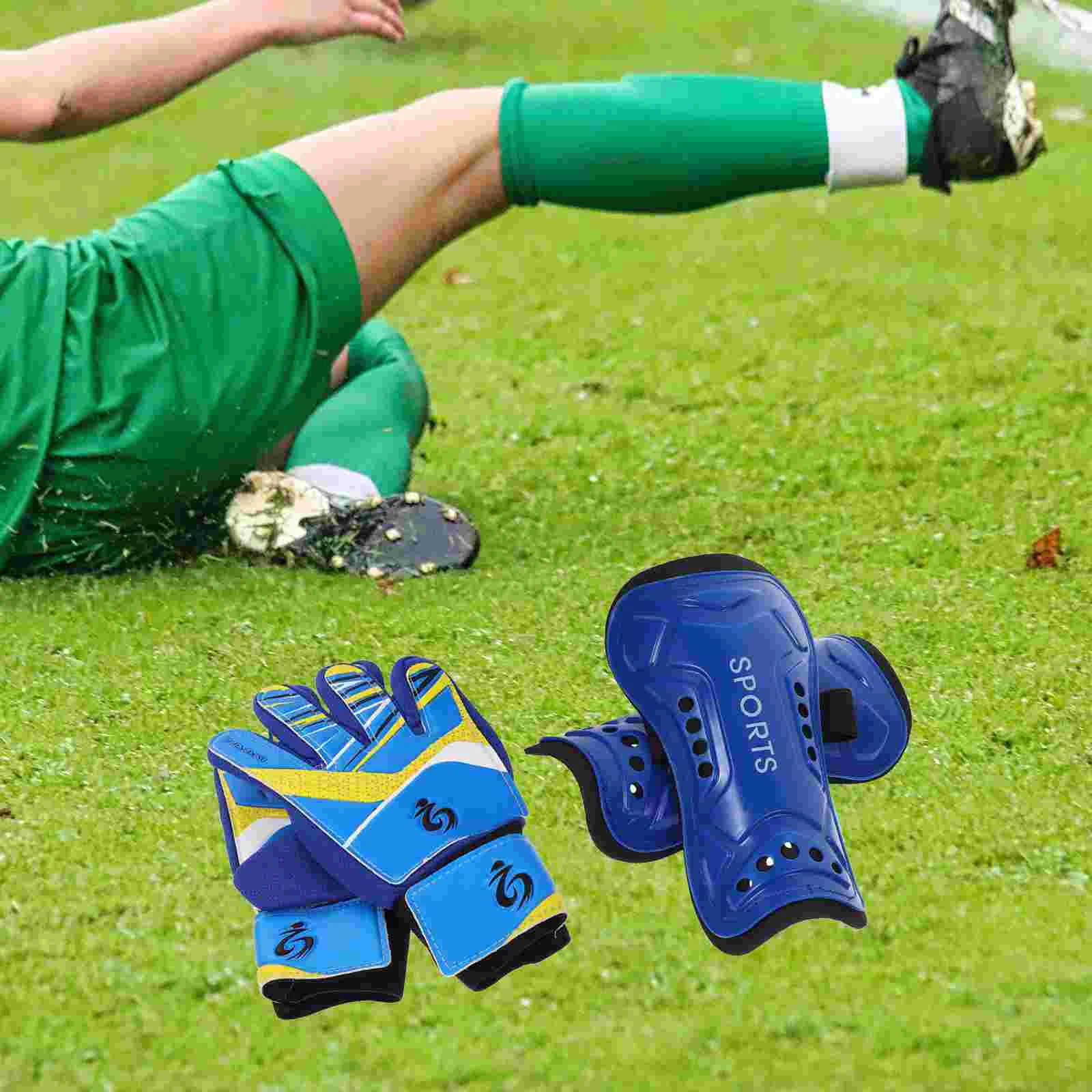 

Goalie Set Goalie Pads Catch Glove Blocker Sports Goalie Set Goalie Guard Blue Soccer Protection Gear Set for Children Football