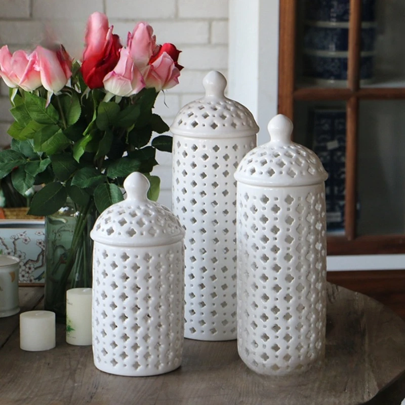 

White Color Cutout Porcelain Ceramic Decorative Jar Pot Kitchen Storage Organization