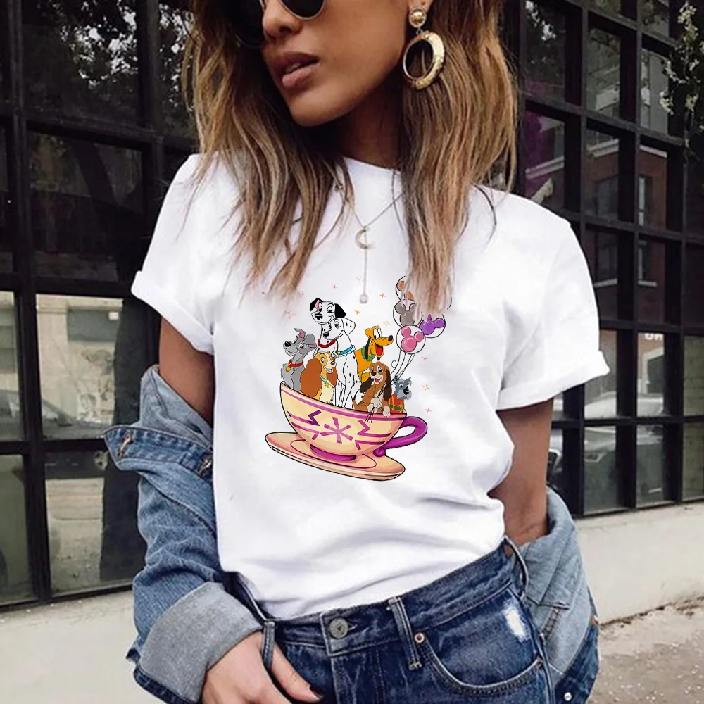 

Fashion Disney White Dog In The Cup Series Women T-Shirt Trend Short Sleeve Female T Shirt O Neck Pluto Pattern High Quality Tee