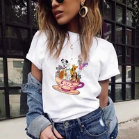 fashion disney white dog in the cup series women t shirt trend short sleeve female t shirt o neck pluto pattern high quality tee