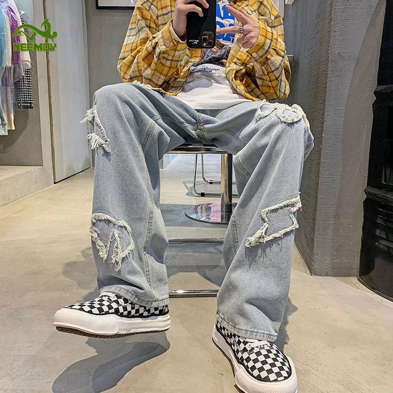 Neemoy Jeans Patches Losse Verontruste Fashion Cargo High Street Ins Gewassen Denim Streetwear Broek Jeugd Hip-Pop Hot Sale