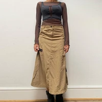 weiyao khaki vintage long skirt contrast zip up pockets stitch cargo skirts womens low waist preppy style streetwear bottoms
