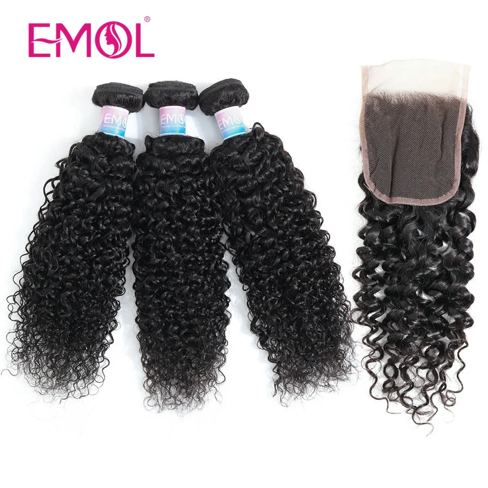 Peruvian Hair Bundles With Closure Kinky Curly 3 Bundles With Closure 8-26 inch Curly Human Hair Bundles With Lace Closure