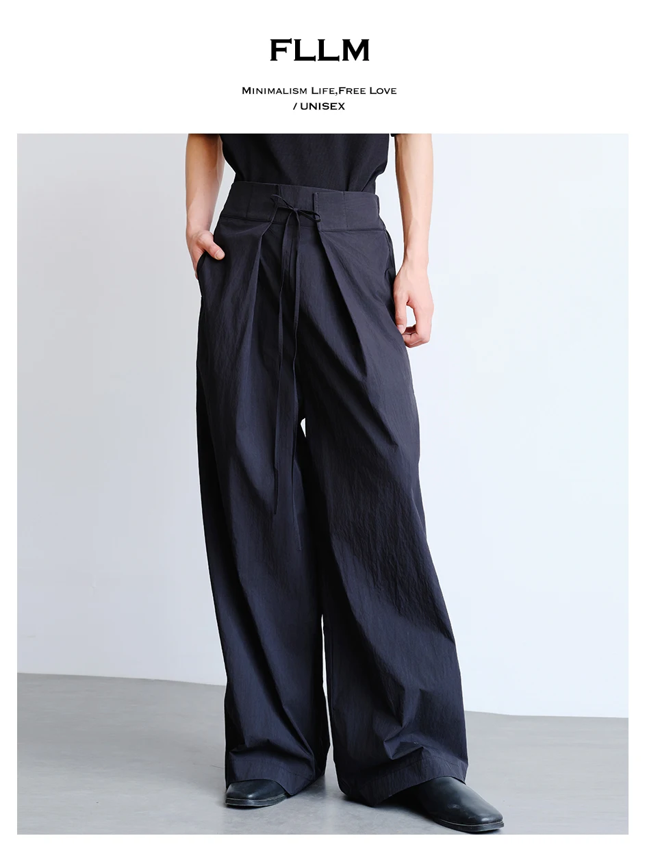 Fllm Drawstring Design Half Elastic Drape All-Match High Waist Self-Retained Loose Trousers