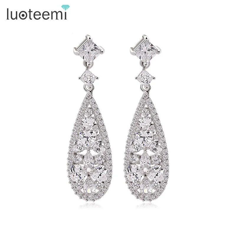 

LUOTEEMI Trendy Romantic Long Pendant Earrings for Women Heart Clear Cubic Zirconia Luxury Wedding Bridal Dangle Drop Earring