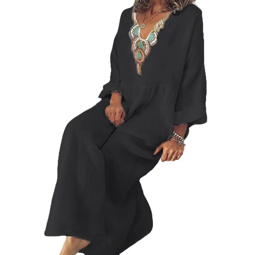 

Classic Long Dress High Waist Anti-pilling Women Dress Simple Casual Embroidery V Neck Loose Long Dress
