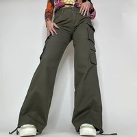 retro green baggy wide leg jeans women pockets streetwear cargo pants korean fashion high waist denim trousers vintage