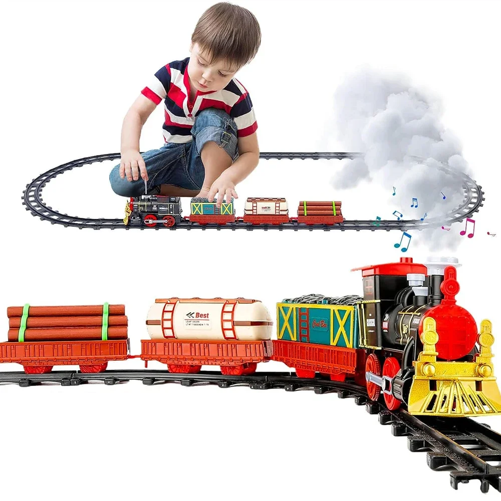 

Рождественский Электрический поезд, набор со звуком дыма, детские игрушки с парой, подарок для детей, локомотивный двигатель, трек для каретки, модель железной дороги
