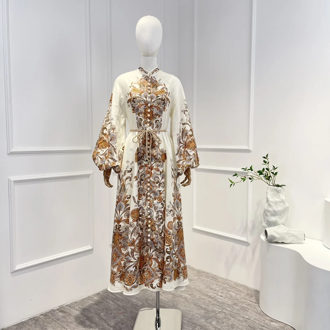 

Женское платье миди из натуральной льняной ткани, изящное платье с длинным рукавом-фонариком и принтом Пейсли в винтажном стиле, весна-лето 2023