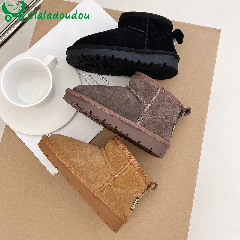 

14-22cm Brand Genuine Leather Snow Boots For Woman,Solid Warm Winter Shoes With Thick Plush For Teenage Kids,Toddler Walkers