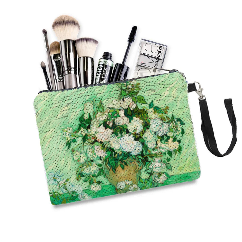 

Roses Sequins Makeup Bag Vincent Van Gogh Painter Women Girl Glitter Portable Cosmetic Bag Zipper Organizer Pouchs