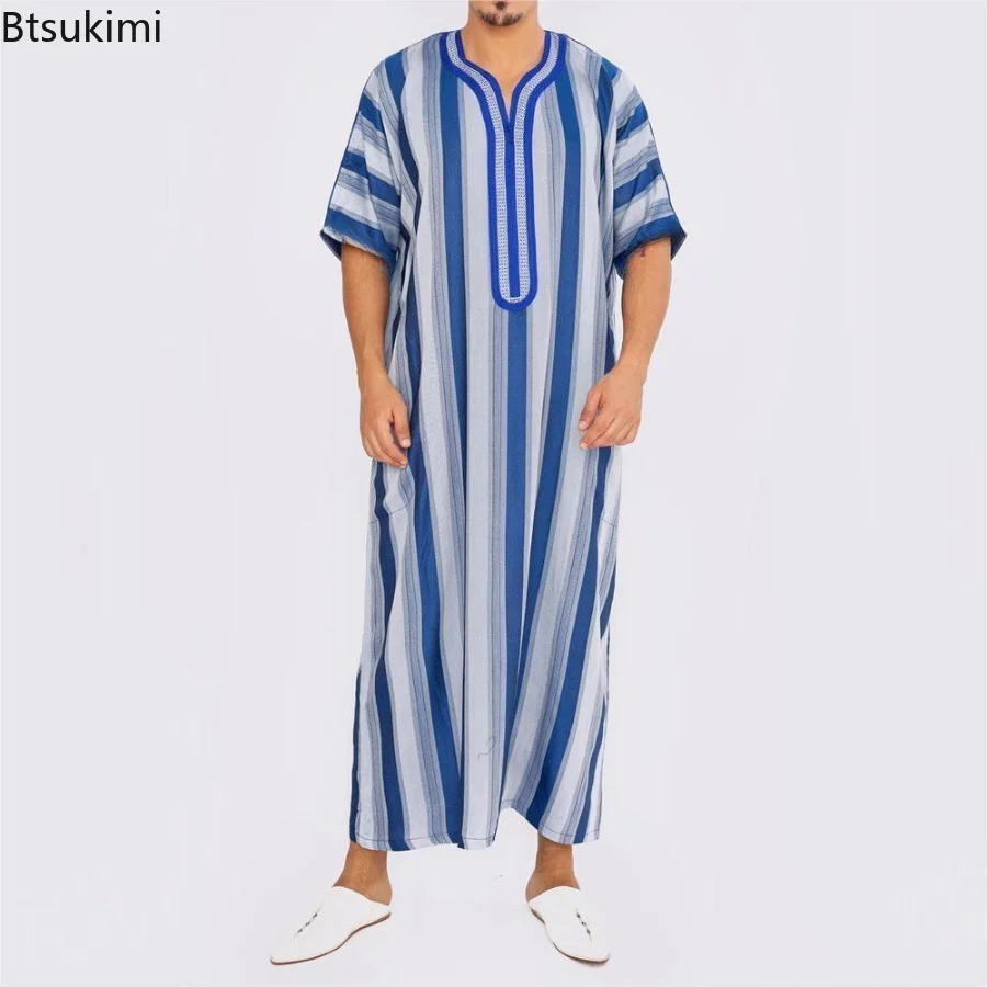 New 2023 Muslim Clothing for Men Saudi Arabic Robe Short Sleeves Kaftan Middle East Jubba Thobe Muslim Dress Islamic Clothing
