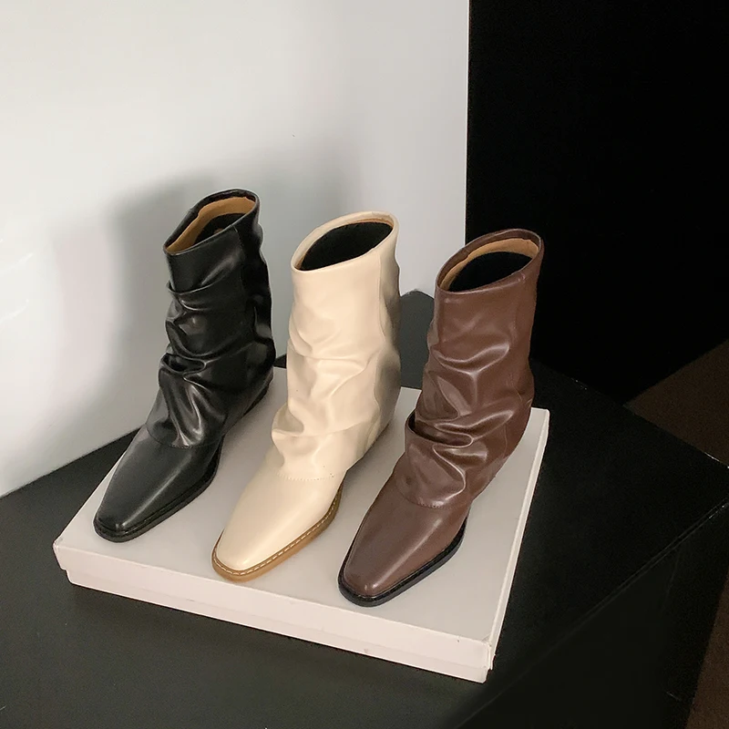 

Fashion Women Mid Calf Boots Knight Booties Black Brown Beige Winter Dress Party Pumps Flat Mid Heels Slip On Round Toe 35-39