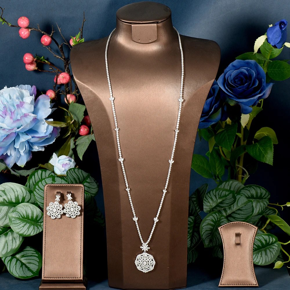 

HIBRIDE Classic 2PCS Long Sweater Chain Flower Shape Necklace Earring Sets For Women Wedding Bridal CZ Jewelry Set Bijoux N-1589