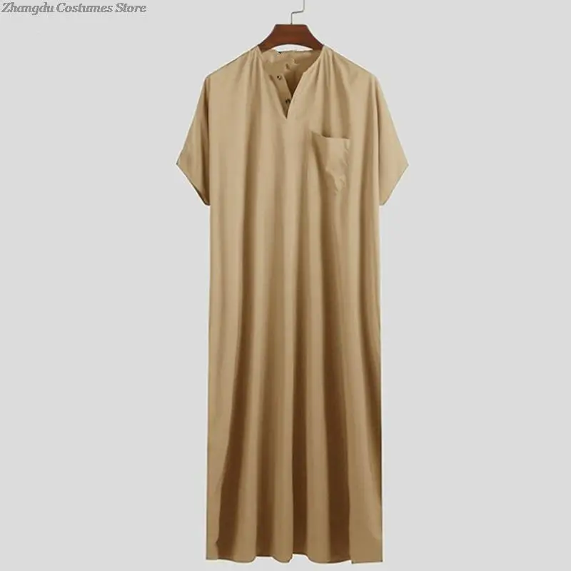 Men Vintage Short Sleeve Loose Muslim Kaftan Robes Jubba Thobe Men Saudi Arabia Abaya Dress Middle East Arabic Clothes