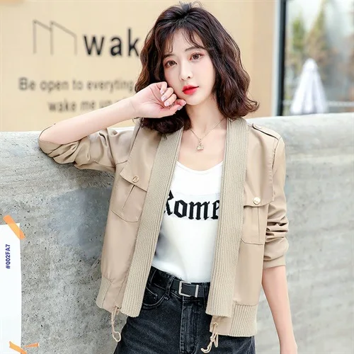 LXUNYI Spring Autumn 2022 Women Leather Jacket Long Sleeve Casual PU Leather Coat Fashion Knitted Casual Patchwork Short Coat