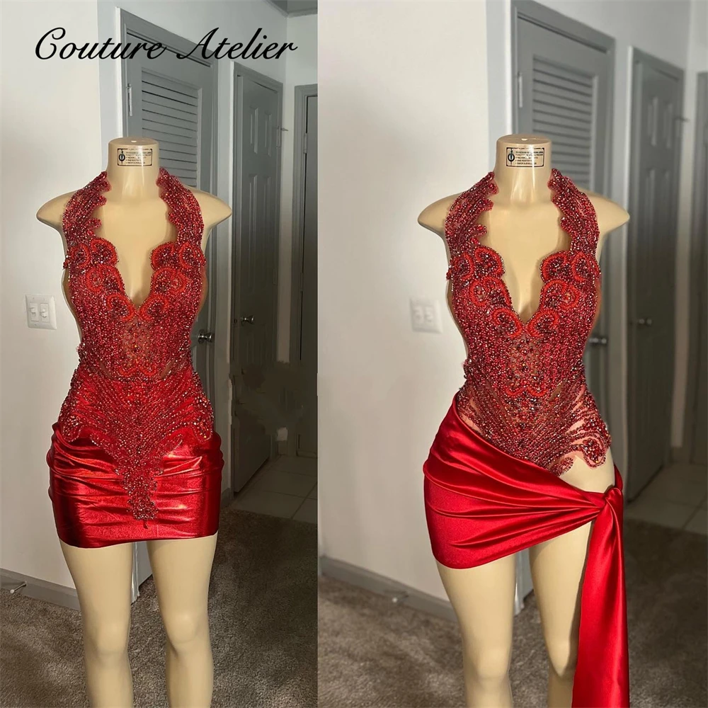 

Gala Red Diamond Beading Short Prom Dresses 2023 Halter Luxury Rhinestone Crystal Birthday Party Gowns Mini Cocktail Robe De Bal