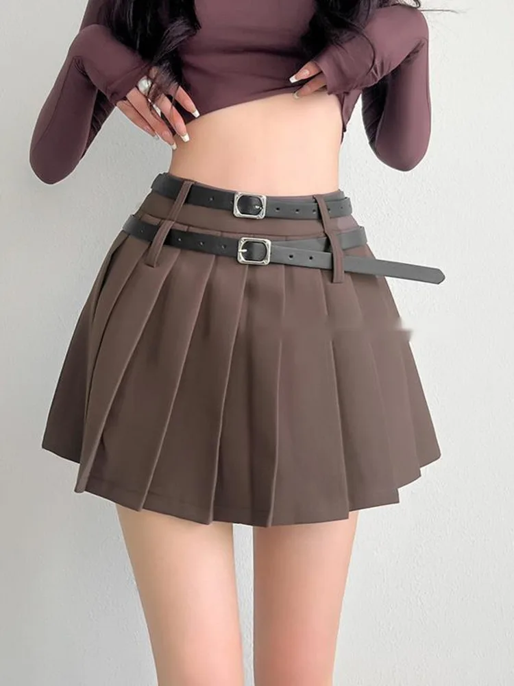

WOMENGAGA High Waist Pleated Skirt Female Spice Girl Preppy Style Suit Skirt Double Belt Half JK Skirt Short Skorts 7WTV