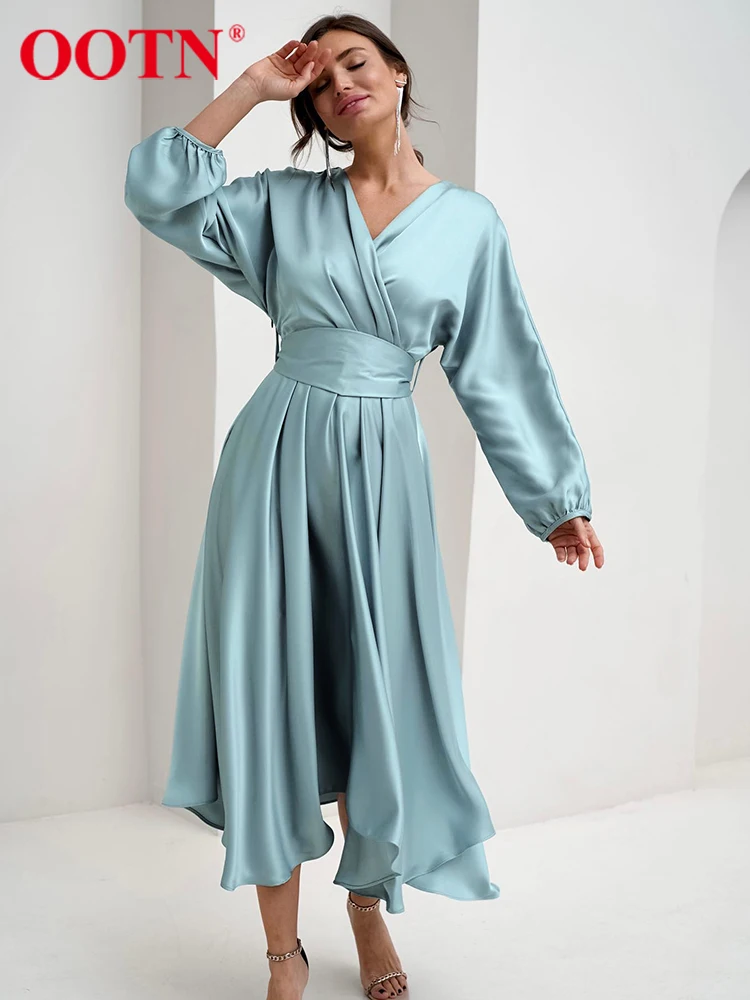 

OOTN Satin Blue Elegant Dresses Women A-Line Wrap Party Belt Lace Up Robes Femme Silky Autumn Pleated Romantic Midi Dress 2023