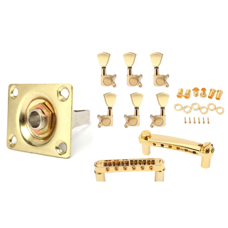 

1Pcs Square Style Jack Plate Guitar Bass Jack 1/4 Output Input & 1 Set Gold String Saddle Tune-O-Matic Bridge+Tailpiece