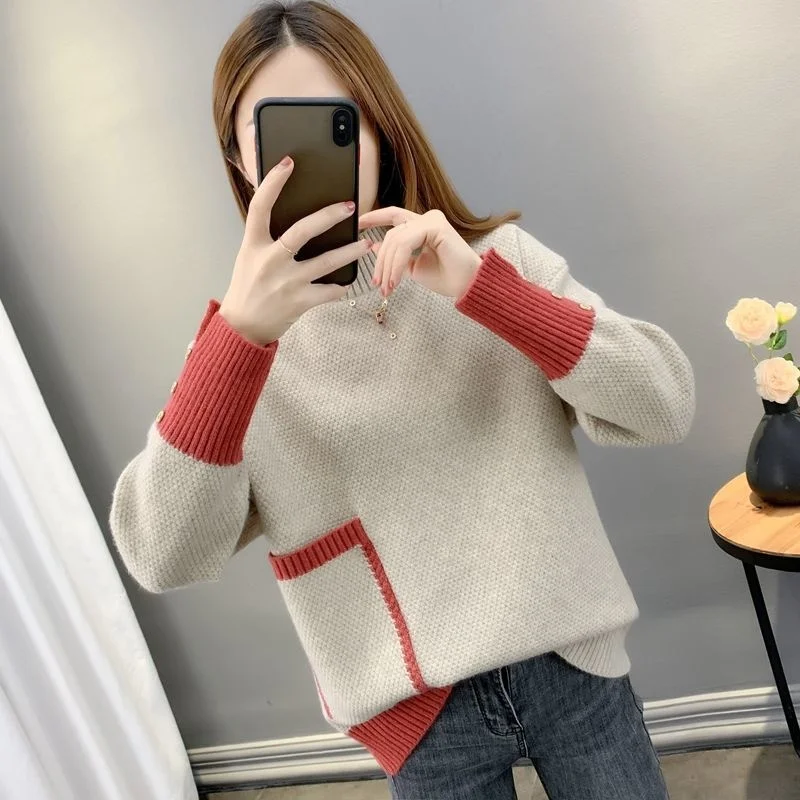 

Women's Pullover Sweater Autumn Winter Half Turtleneck Color Matching Long Sleeve Knit Bottoming Shirt Korean Loose Top