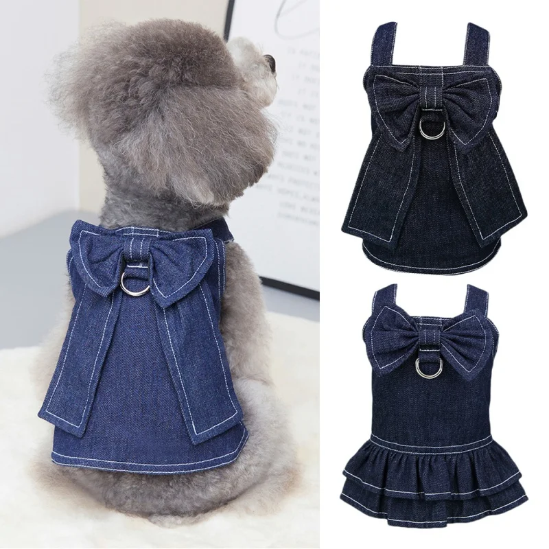 Pet Denim Dress Spring Summer Comfortable Puppy Summer Dress for Small Medium Dog Cats Cute Bow-Knot Dog Skirt Brand New